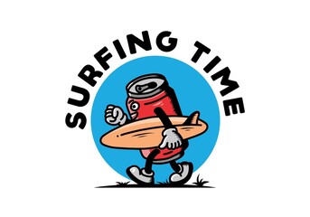 illustration of a drink can holding a surfboard