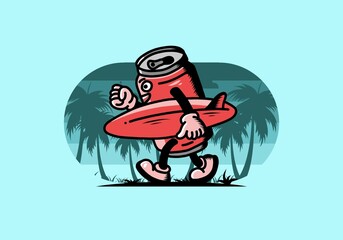 illustration of a drink can holding a surfboard