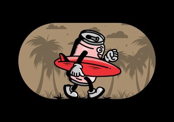 illustration of a drink can holding a surfboard