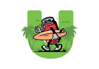 illustration of a drink can holding a surfboard