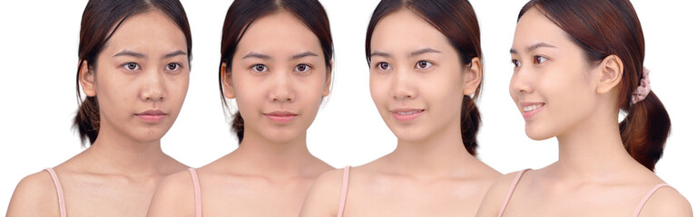 Comparison face of beautiful Asian young woman before and after make up. Development of skin...