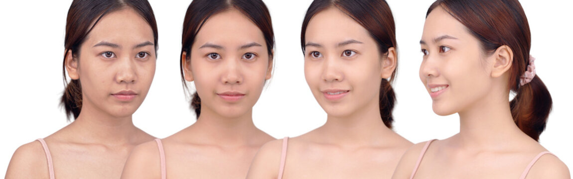 Comparison face of beautiful Asian young woman before and after make up. Development of skin repairing and retouching concept.