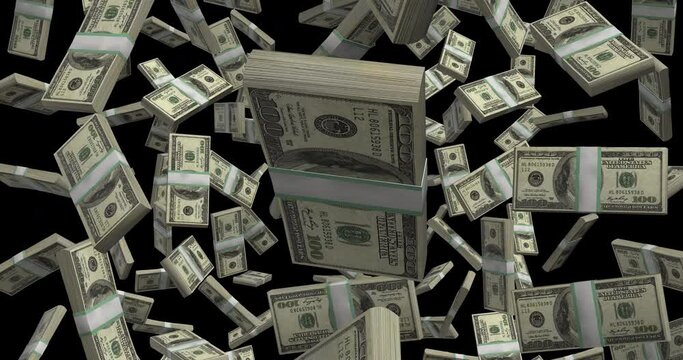 Stack Of 100 Dollar Bills Falling. Alpha channel. 4K resolution
