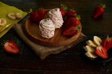 Sweet natural sugar free marshmallows with banana and strawberry taste. Healthy sweets, natural snacks in low key