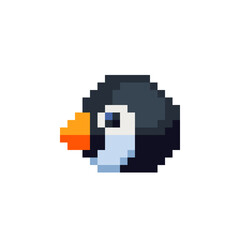 Penguin head cartoon character pixel art icon, design element of children's book application, logo, sticker. Flat style. Game assets 8-bit sprite. Isolated vector illustration.