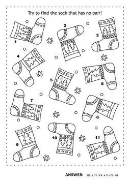 Puzzle And Coloring Page With Socks. Match The Pairs. Spot The Odd One Out. Answer Included.
