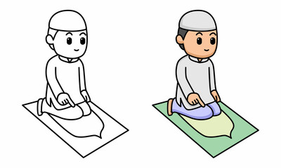 Cute moslem boy praying coloring page for kids