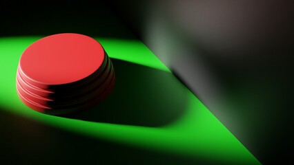 3D rendering. High quality 3d illustration. The platform is seen from above is where products or models can be displayed. Green floor with black wall. Round platform in the center of the room.