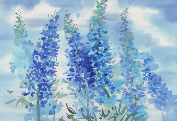 Blue summer flowers and clouds watercolor background