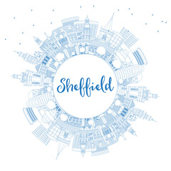 Outline Sheffield UK City Skyline with Blue Buildings and Copy Space.