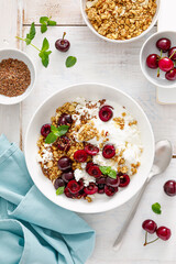 Sour cherry granola with cottage cheese and yogurt. Healthy food, diet breakfast