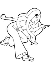 A cute girl drawn in a cartoon style she has long blond hair on her tank top, she has long wide pants and shoes, an outline drawing coloring book