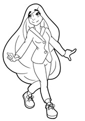 A cute girl businessman stands and looks up dreamily, she has long blond hair she wears a jacket, trousers and shoes contour drawing coloring book
