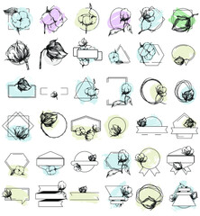 Hand drawn cotton floral logo, frame, border, promo element. Brand emblem template. Minimalistic monogram. Rustic elegant trademark or logotypes background.