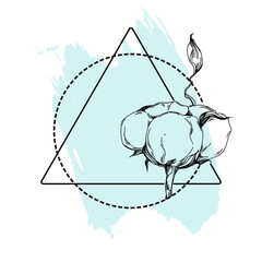 Hand drawn cotton floral logo, frame, border, promo element. Brand emblem template. Minimalistic monogram. Rustic elegant trademark or logotypes background.