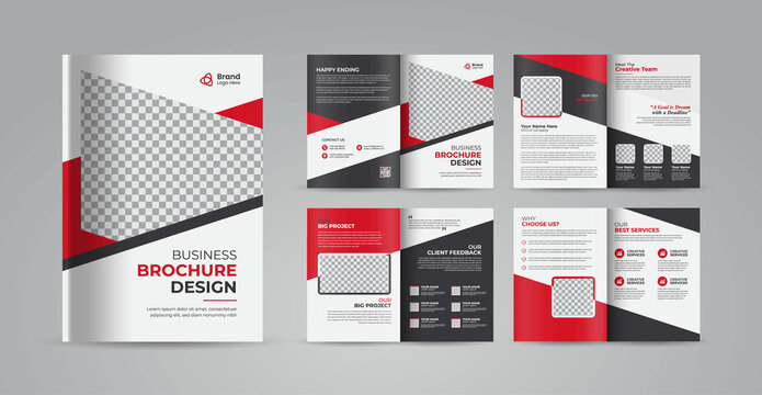 Red business brochure template layout design, 8-page corporate brochure editable template layout, minimal business brochure template design.