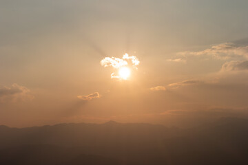 Top view of beautiful mountain range landscape with sunshine during sunrise time in Thailand.
