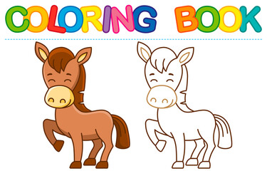 Farm animal for children coloring book. Vector illustration of funny horse in a cartoon style