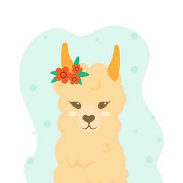 Cute llama in love with flowers on her head. Flat style vector. Postcard with peas and cute animals. Suitable for children's illustrations and t-shirt printing.