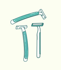 Cute simple green disposable razor with different angle in vector flat illustration art design