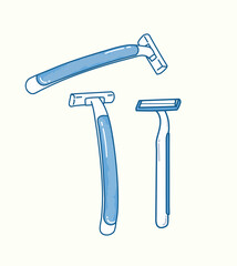 Cute simple blue disposable razor with different angle in vector flat illustration art design