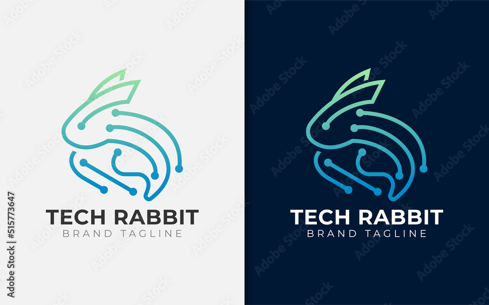 Poster abstract tech rabbit logo design with colorful stylish lines concept. usable for tech, sport, appare