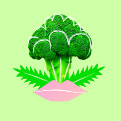 Contemporary minimal collage art. Broccoli Green, vegan, eco life concept