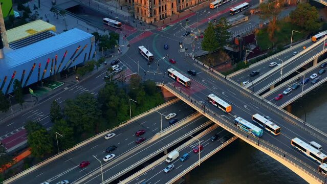 Traffic At Pacific Motorway With Buses Driving From Victori a Bridge In Brisbane, QLD, Australia. - aerial