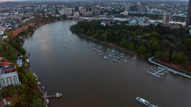 Aerial View Of Brisbane River And Central Business District Of Brisbane At Sunset In QLD, Australia.