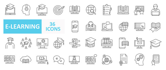 set of 36 online education and e-learning line icons. Distance learning collection outline icons collection.