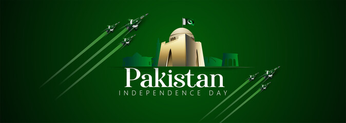 Celebrating Pakistan Independence Day 3D text 14 August, waving  flag on green background - obrazy, fototapety, plakaty