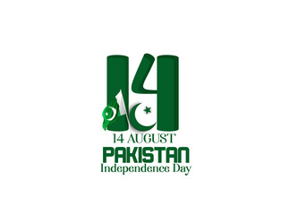Celebrating Pakistan Independence Day 3D text 14 August, waving  flag on green background - obrazy, fototapety, plakaty