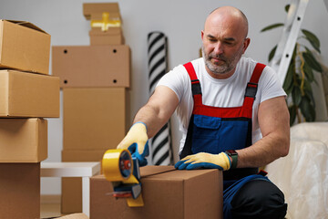 Man mover in uniform packing boxes with scotch tape