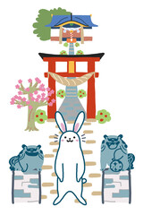 Naklejka premium 2023年年賀状 神社の参道で狛犬の間に立ちこちらを見据えるうさぎ はがきテンプレート 