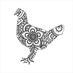 silhouette of hen  . animal mandala  hen coloring book page .  vector illustration