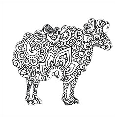 animal mandala  lamb coloring book page silhouette of lamb .  vector illustration