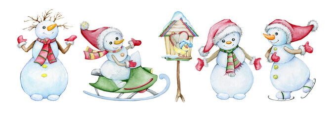 Cute snowmen, bird, bird house. Watercolor Winter set of heroes, in cartoon style, on an isolated background.