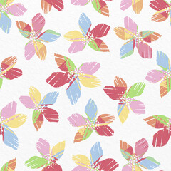 Fototapeta na wymiar seamless plants pattern on paper background with colourful paint flowers , greeting card or fabric