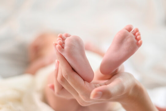 Close of hand holding new born baby's feet