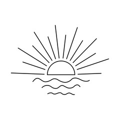 Boho sunrise logo, sun line art vector. Sunset stock vector logo design