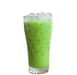 Iced matcha latte or condensed milk-added green tea in transparent glass isolated on white background with clipping path