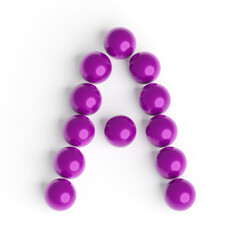 Capital letter A from purple balls. Font from shiny glossy balls. 3d illustration. White background. Lettering design element. Bright festive font.