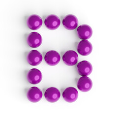Capital letter B from purple balls. Font from shiny glossy balls. 3d illustration. White background. Lettering design element. Bright festive font.
