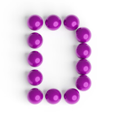 Capital letter D from purple balls. Font from shiny glossy balls. 3d illustration. White background. Lettering design element. Bright festive font.