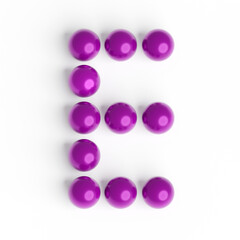 Capital letter E from purple balls. Font from shiny glossy balls. 3d illustration. White background. Lettering design element. Bright festive font.