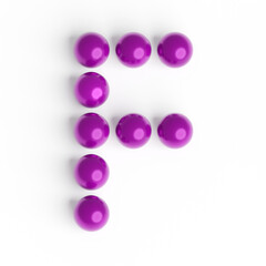 Capital letter F from purple balls. Font from shiny glossy balls. 3d illustration. White background. Lettering design element. Bright festive font.