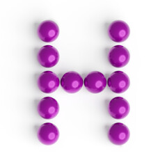 Capital letter H from purple balls. Font from shiny glossy balls. 3d illustration. White background. Lettering design element. Bright festive font.