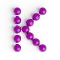 Capital letter K from purple balls. Font from shiny glossy balls. 3d illustration. White background. Lettering design element. Bright festive font.