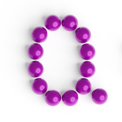 Capital letter Q from purple balls. Font from shiny glossy balls. 3d illustration. White background. Lettering design element. Bright festive font.