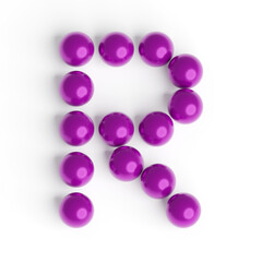 Capital letter R from purple balls. Font from shiny glossy balls. 3d illustration. White background. Lettering design element. Bright festive font.